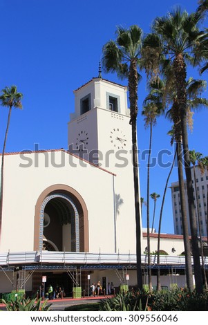 Los Angeles, California, USA - August 14, 2015: Los Angeles Union Station, a major transportation hub for Southern California, is the largest railroad passenger terminal in the Western United States.