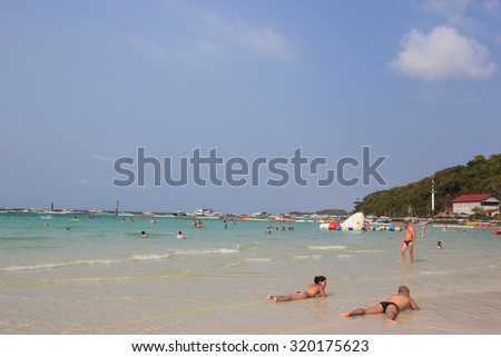 Chonburi, Thailand - February 11, 2012: Tawaen Beach is the most developed and the most visited beach on Koh Larn.