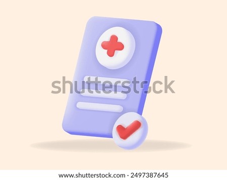 3D icon medical illustration featuring a document with a red cross and checkmark. Ideal for healthcare apps, medical services, and health content