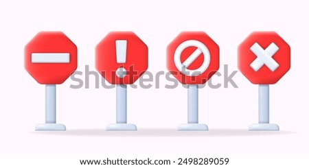 3D vector illustration red stop signs with different symbols: minus, exclamation mark, prohibited, and cross. Ideal for warning icons, error messages, and alert notifications on websites and apps.