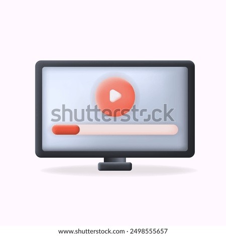 3D minimal vector icon of a computer monitor with, play button, and progress bar. Perfect for video streaming and digital media themes.