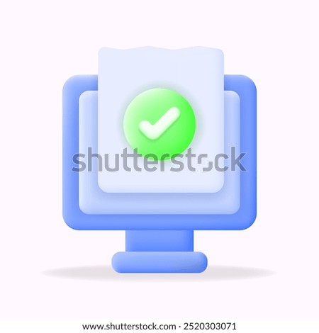 3d vector illustration Blue monitor icon with a document featuring a receipt green checkmark. Perfect for illustrating task completion, online verification, or approval processes in digital platforms