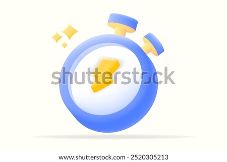 3d vector illustration Blue stopwatch with yellow lightning bolt symbol, representing speed and efficiency for sales, service, time tracking, for productivity-focused content