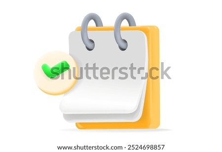 3d Calendar with a circle green checkmark icon, symbolizing completed tasks, deadlines, or events. for productivity, scheduling apps, to-do lists, and task management, vector illustration