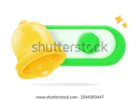 3d, notification bell with a green toggle switch and sparkling stars. alert icons, subscription reminders, vector illustration