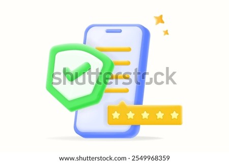 3D vector illustration, mobile phone with a green shield checkmark and 5-star rating. user review security rating app