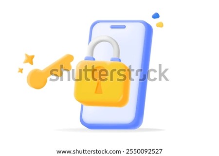 vector illustration Secure mobile access,  golden padlock and key with a smartphone.  data protection, cybersecurity, and digital safety content