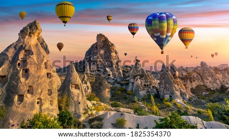 Colorful hot air balloon flying over Cappadocia, Turkey. ストックフォト © 
