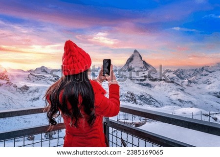 Similar – Image, Stock Photo Sunset in the Swiss Alps with view of the Weisshorn