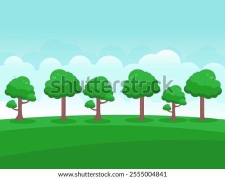 Simple vector illustration of a landscape with a row of green trees growing on a grassy field. The bright blue sky background with thin white clouds adds a fresh and natural feel.
