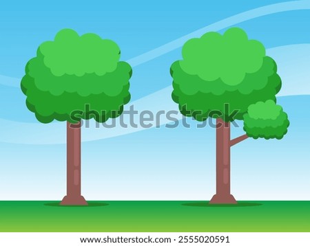 Simple vector illustration of two trees with a simple and minimalist design. The trees have fresh green leaves and brown trunks. The bright blue sky background with thin white clouds adds a fresh 
