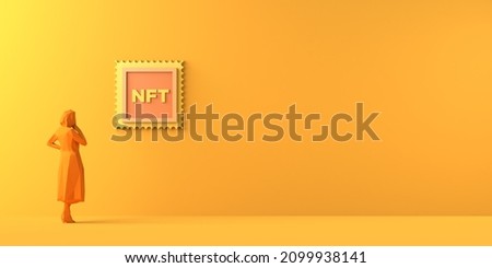 Woman looking NFT non fungible token. Crypto art gallery. Copy space. 3D illustration. Сток-фото © 