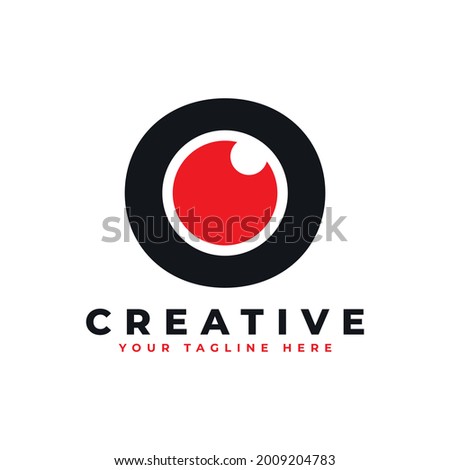 Abstract Eye Logo Letter O. Black Shape O Initial Letter with Red Eyeball inside. Use for Business and Technology Logos. Flat Vector Logo Design Ideas Template Element