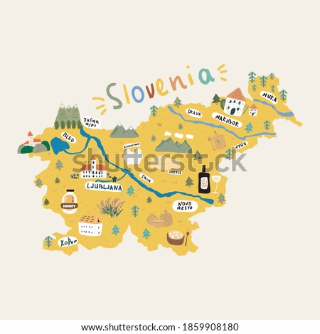 Handdrawn map of Slovenia in vector colorful style. Cartoon map. Illustrated map of Slovenia. Travel illustration. Tourism concept. 