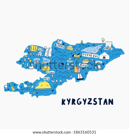 map of Kyrgyzstan in handdrawn cartoon modern style vector illustration. Illustrated map of Kyrgyzstan isolated. Cartography concept. Travel concept. Central Asia. 