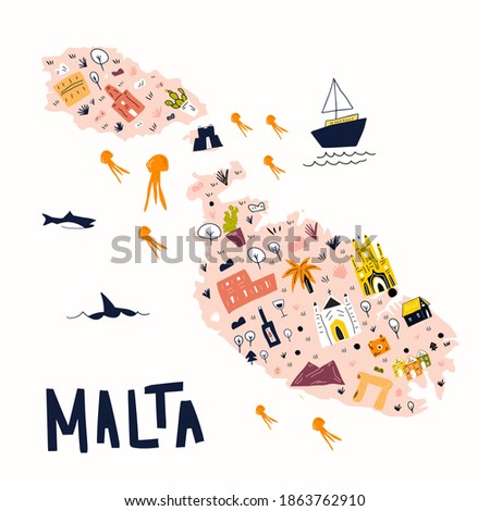 Map of Malta. Illustrated map of Malta in cartoon doodle map. Vector illustration in handdrawn colorful style.