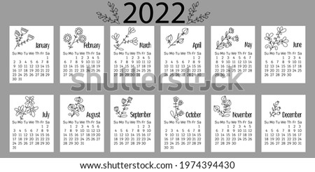 Calendar 2022, week starts on sunday, doodle flower design line art vector illustration