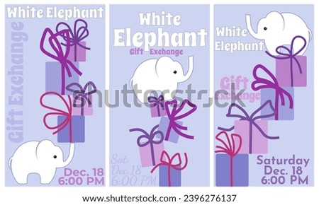 White elephant gift exchange card set, set of vertical card or flyer design vector illustration for traditional holiday game