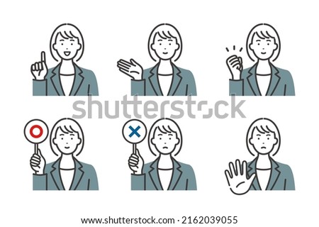 Facial expressions and poses of a young business woman in a suit. Variation set. 