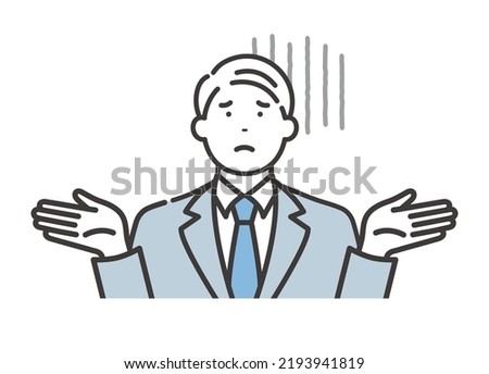 Pessimistic business man. A pose that spreads his hands and looks up at the sky.