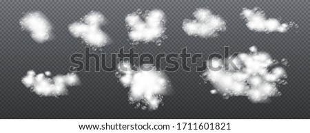 Soap foam isolated on transparent background. Set of bath foam with shampoo bubbles. Soap, gel or shampoo bubbles overlay suds texture. Vector illustration, EPS 10.