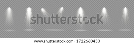 Bright white lighting with spotlights, projector light effects, scene, spot light isolated on transparent background, collection of stage lighting spotlights, stage lighting large collection, vector.