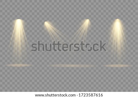 Collection of stage lighting spotlights, scene, stage lighting large collection, projector light effects, bright yellow lighting with spotlights, spot light isolated on transparent background, vector.