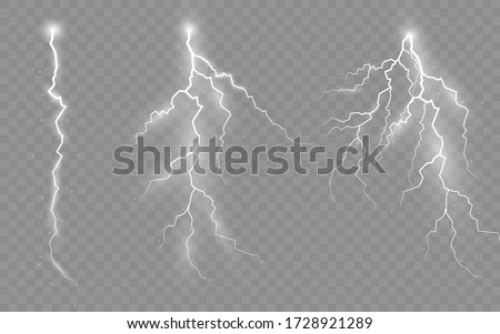 The effect of lightning and lighting, set of zippers, thunderstorm and lightning, symbol of natural strength or magic, light and shine, abstract, electricity and explosion, vector illustration, eps 10