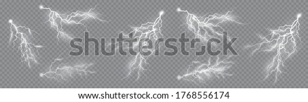 Thunderstorm and lightning, the effect of lightning and lighting, light and shine, set of zippers, symbol of natural strength or magic, abstract, electricity and explosion, vector illustration, eps 10