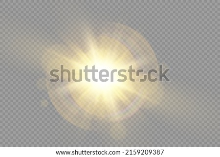 The star burst with brilliance, glow bright star, yellow glowing light burst on a transparent background, yellow sun rays, golden light effect, flare of sunshine with rays, vector illustration, eps 10 Foto stock © 