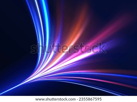High speed effect motion blur night lights blue and red. Radial motion blur background. Purple wave swirl, impulse cable lines.  Concept of cyber highway, digital hyperspace or speed of light vector.