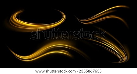 Curve light effect of golden line. Abstract neon motion glowing wavy lines. Light gold Twirl. Shiny wavy trail. Luminous orange, yellow circle.	Abstract neon motion glowing wavy vector lines. 