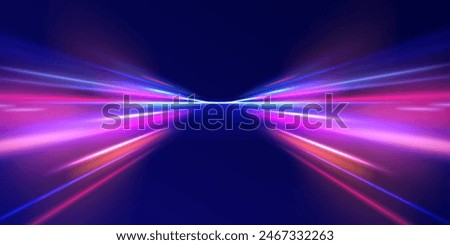 Curved light trail stretched upward. Fast speed car. Acceleration speed motion on night road. City light trails motion background. Illustration of high speed concept.