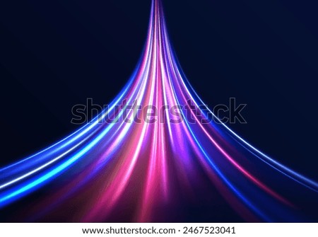 Speed light streaks vector background with blurred fast moving light effect, blue purple colors on black. Glowing street exposure. Blurred motion. Sparkling flow. Vector abstract dynamic dark.