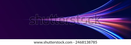 Curved light trail stretched upward. Fast speed car. Acceleration speed motion on night road. City light trails motion background. Illustration of high speed concept.	