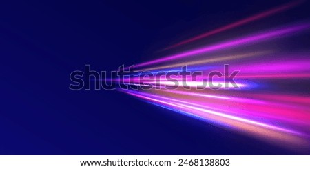 Particle motion light effect. Cyberpunk light trails in motion or light slow shutter effect. Acceleration speed motion on night road.	