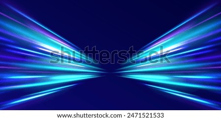 Curved light trail stretched upward. Fast speed car. Acceleration speed motion on night road. City light trails motion background. Illustration of high speed concept.	