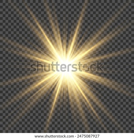 Glow light star, yellow sun rays, gold glare bokeh. Flash yellow sun, star flashed with sparkles.