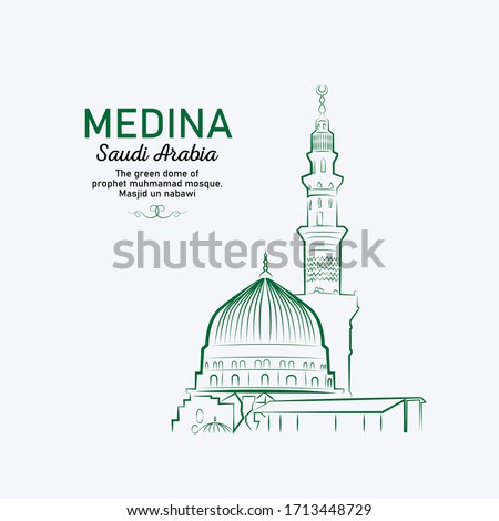 Line drawing of MEDINA, SAUDI ARABIA -  The green dome of prophet muhmamad mosque. masjid un nabawi