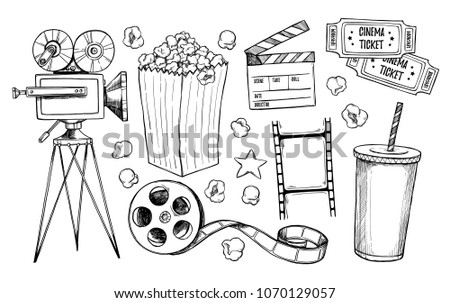 Hand drawn vector illustrations - Cinema collection. Movie and film elements in sketch style. Perfect for posters, banners, flyers, advertising, billboards,
