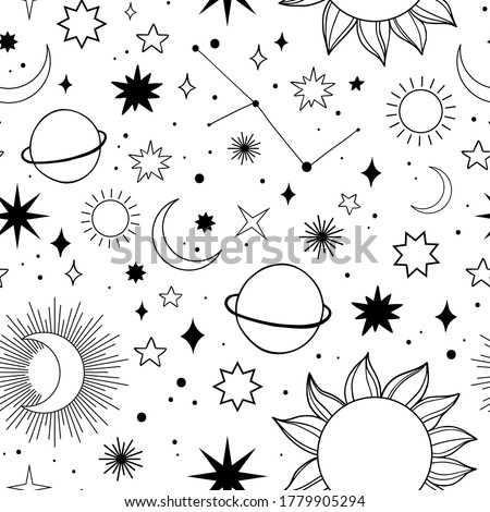 Modern hand drawn vector seamless pattern of planet, star, sun, comet. Universe line drawings. Solar system and Cosmos background. Trendy space signs with floral motifs, constellation, moon phases

