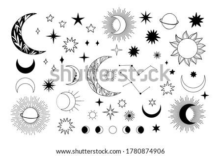 Modern hand drawn vector illustration of planet, star, sun, comet. Universe line drawings. Solar system and Cosmos. Trendy space signs with floral motifs, constellation, moon phases