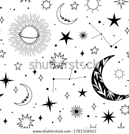 Modern hand drawn vector seamless pattern of planet, star, sun, comet. Universe line drawings. Solar system and Cosmos background. Trendy space signs with floral motifs, constellation, moon phases