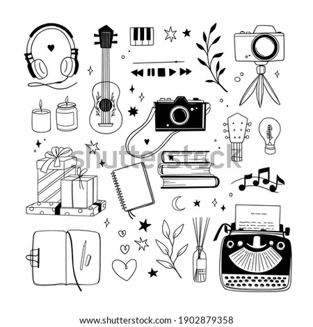 Hand drawn vector linear illustration - Set of art supples: musical instruments, typewriter, camera, candles, gifts, ceramics. Hygge. Artist office. Perfect for your brand logo, branding, stickers, de