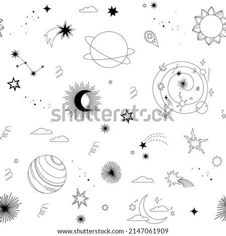 Modern hand drawn vector seamless pattern - cosmos and planets, stars, sun, comets. Universe line drawings. Solar system background. Trendy space signs with magic motifs, constellation, moon phases