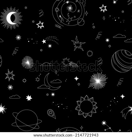 Modern hand drawn vector seamless pattern - cosmos and planets, stars, sun, comets. Universe line drawings. Solar system background. Trendy space signs with magic motifs, constellation, moon phases