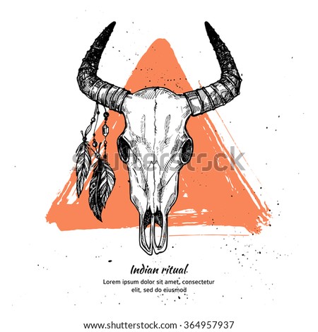 Hand Drawn Vector Illustration - Bull Skull With Feathers. - 364957937