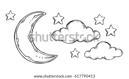 Hand Drawn vector elements - Good night (sleeping moon, stars, clouds). Illustrations in sketch style. Perfect for prints, postcards, posters etc