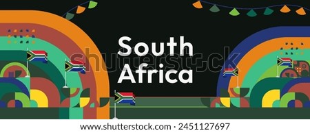 South Africa National Independence Day wide banner. Modern geometric abstract background in colorful style for South Africa day. South African Independence greeting card cover with country flag.