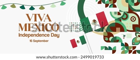 Mexico National Day Banner. Modern geometric abstract background in colorful style for Viva Mexico. Mexican Independence greeting card cover with text. Happy Mexico Independence day to celebrate